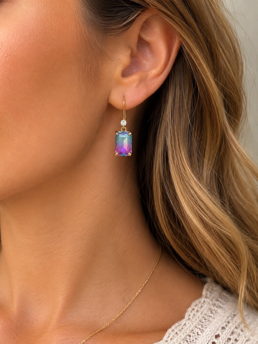 Light Blue & Pink Gradient Drop Earrings Gold Plated Facet Ombre Crystal Earring